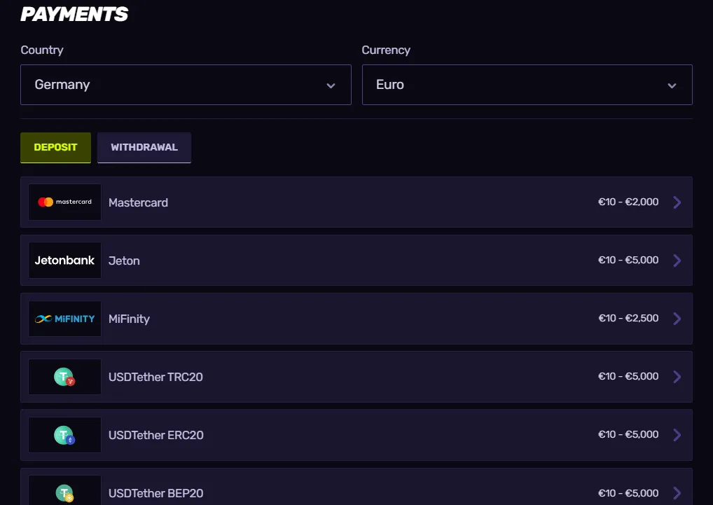 withdrawal methods are supported